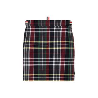 Rok Mini Wol Twill Bermotif Kotak-kotak dengan Potongan Grosgrain