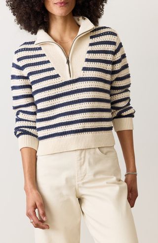 Stripe Open Stitch Quarter Zip Sweater