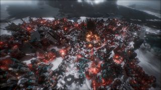 A city in Frostpunk 2, swathed in red light.