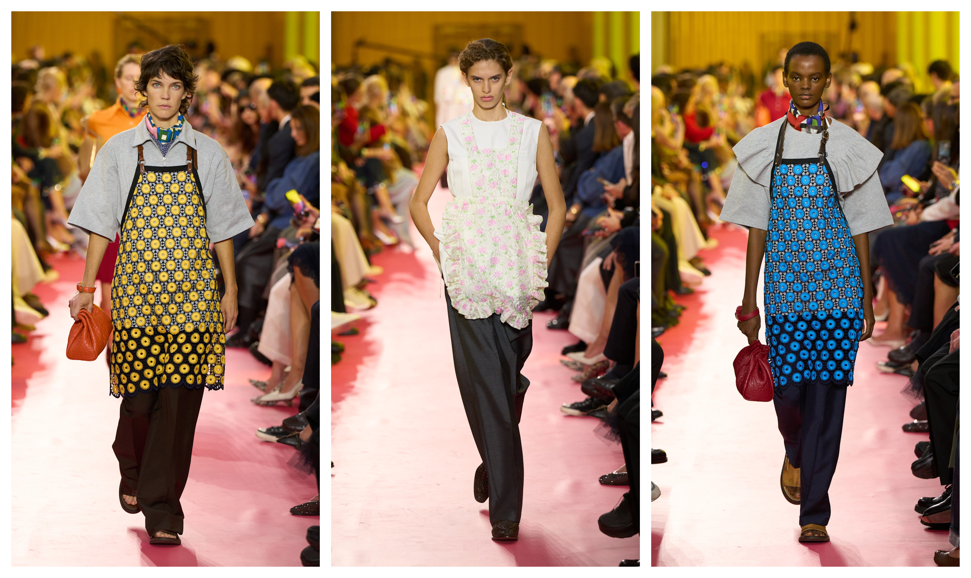 three models wearing crochet aprons at miu miu