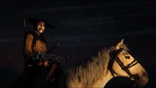 Atsu riding a white horse at night during the trailer for the upcoming game Ghost of Yotei.