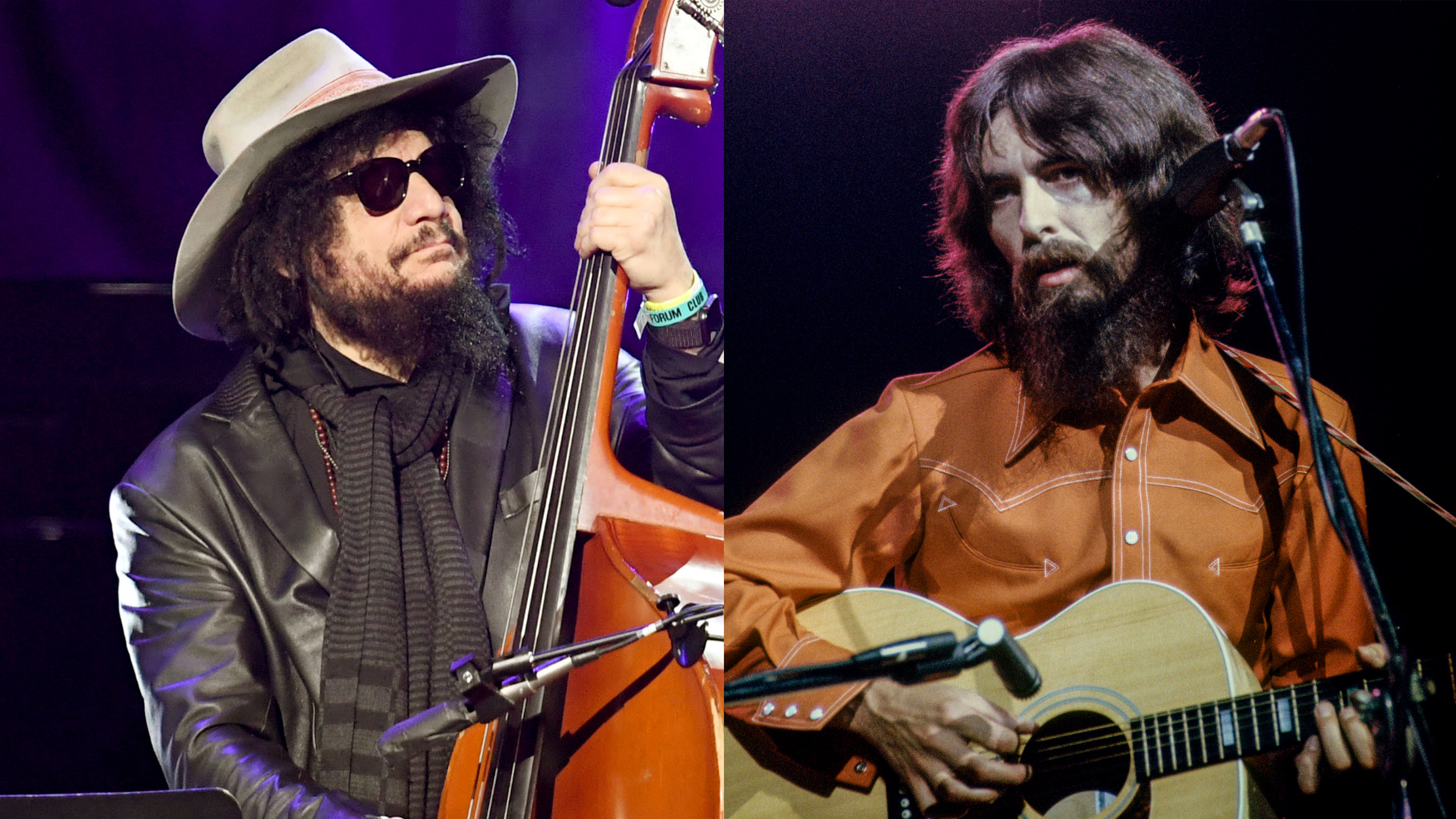 LEFT: Don Was performs at I Am The Highway: A Tribute to Chris Cornell at the Forum on January 16, 2019 in Inglewood, California. RIGHT: George Harrison at the Concert for Bangladesh, 1970