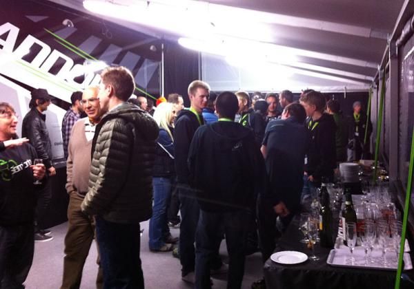 Jeremiah Bishop and other riders mix with Cannondale team staff and media at a reception the evening prior to the team's presentation