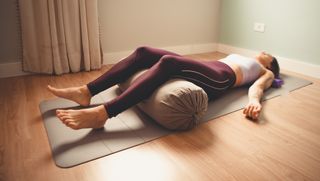 Woman wearing red leggings and white sports top in savasana pose, lying on her back with a cylindrical bolster under her knees
