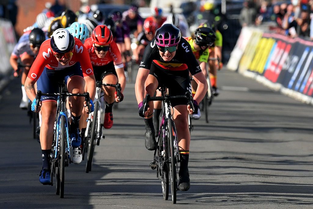 DOUR BELGIUM MARCH 02 Sprint Arrival Lotte Kopecky of Belgium and Team Liv Racing Celebration Emma Norsgaard Jorgensen of Denmark and Movistar Team during the 10th Le Samyn des Dames 2021 Womens Elite a 925km race from Quaregnon to Dour GPSamyn on March 02 2021 in Dour Belgium Photo by Mark Van HeckeGetty Images