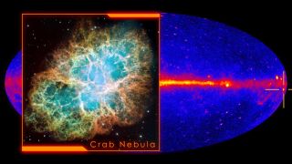 A Hubble visible light image of the Crab Nebula inset against a full-sky gamma ray map showing the location of the nebula (crosshairs). 