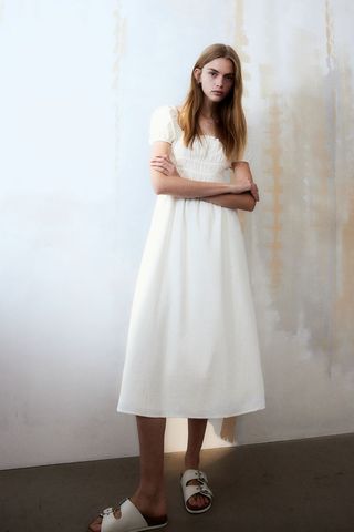 Linen-Blend Smocked-Waist Dress