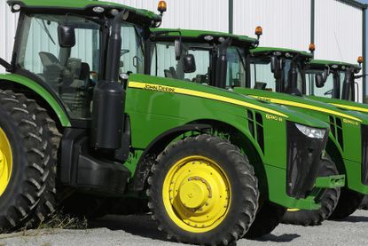 John Deere tractors for sale at a dealership in Albion, Ill.