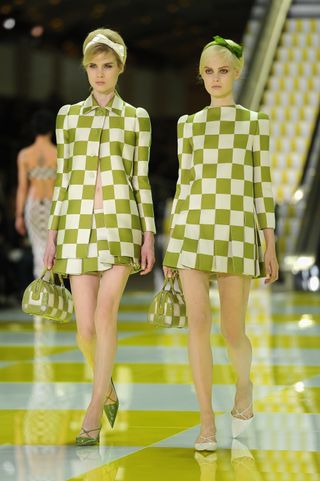 two models wear checkered looks from the Louis Vuitton by Marc Jacobs spring 2013 runway