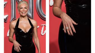 On the right, Hannah Waddingham is pictured wearing a black dress and with black nails at the UK premiere of 'Venom: The Last Dance' at the BFI IMAX in London, United Kingdom on October 23, 2024, and on the left, a close-up of her hand from the same picture - to show her hand and black nails in more detail