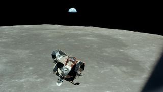 A photo of a moon lander flying over the moon, with Earth far in the background