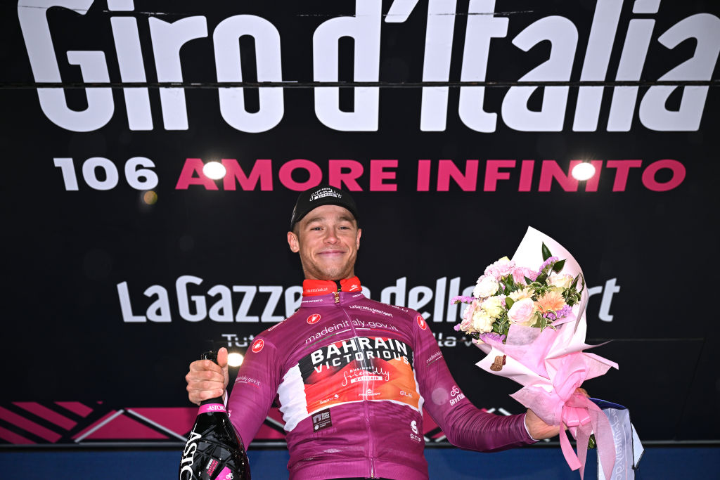CASSANO MAGNAGO ITALY MAY 20 Jonathan Milan of Italy and Team Bahrain Victorious celebrates at podium as Purple Points Jersey winner during the 106th Giro dItalia 2023 Stage 14 a 194km stage from Sierre to Cassano Magnago UCIWT on May 20 2023 in Cassano Magnago Italy Photo by Stuart FranklinGetty Images