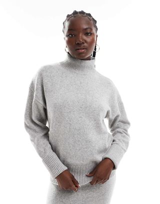 Asos Design Knitted High Neck Jumper With Turn Back Cuffs in Mid Grey