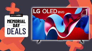 LG OLED C4 next to GamesRadar+ badge for Memorial Day deals with grey backdrop