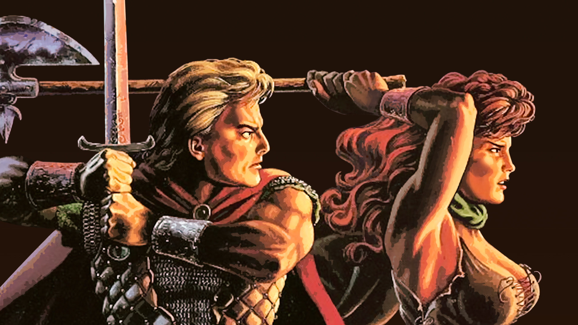 Male and female warrior wielding a sword and an axe.