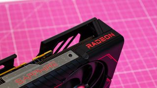 The branding along the top of an AMD Radeon RX 9060 XT 