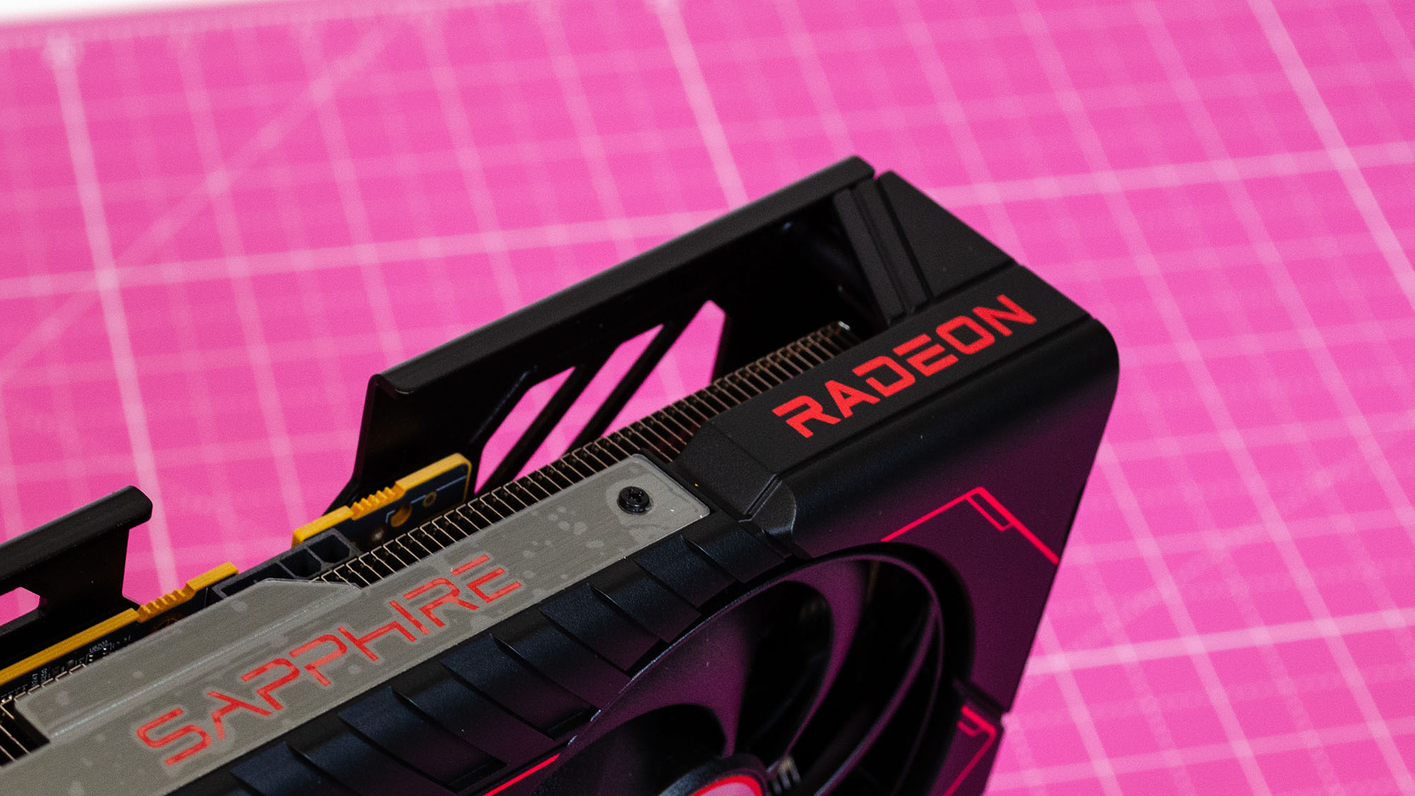 The branding along the top of an AMD Radeon RX 9060 XT