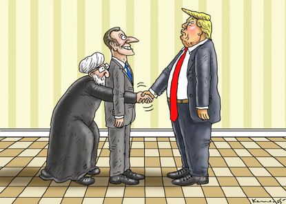 Political cartoon U.S. Trump Macron visit Iran Deal