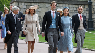 Michael and Carole Middleton, James Matthews, Pippa Middleton and James Middleton arrive at St George's Chapel in Windsor Castle, Windsor, west of London, on May 18, 2019, to attend the wedding of Lady Gabriella Windsor to Thomas Kingston