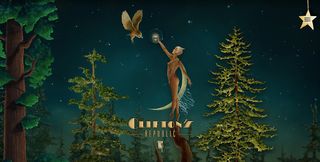 Screenshot from The Neverlands site showing woman in tree holding up a light to an owl