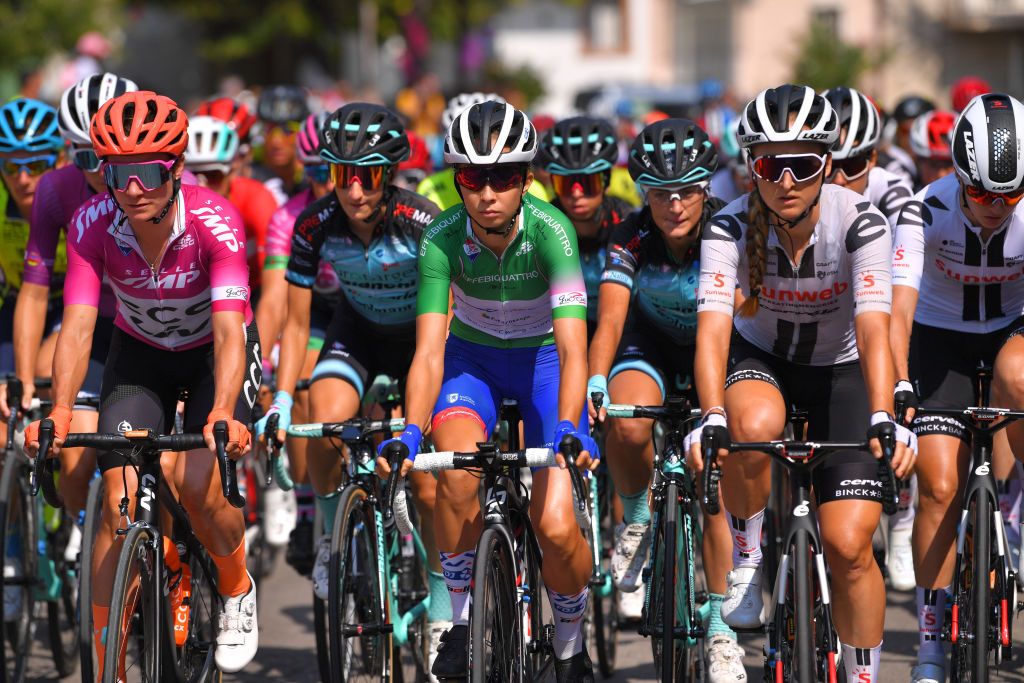SANMARCOLACATOLA ITALY SEPTEMBER 18 Marianne Vos of The Netherlands and Team CCC Liv Purple Points Jersey Cecilie Uttrup Ludwig of Denmark and Team FDJ Nouvelle Aquitaine Futuroscope Green Mountain Jersey Leah Kirchmann of Canada and Team Sunweb during the 31st Giro dItalia Internazionale Femminile 2020 Stage 8 a 915km stage from Castelnuovo della Daunia to San Marco la Catola 640m GiroRosaIccrea GiroRosa on September 18 2020 in San Marco la Catola Italy Photo by Luc ClaessenGetty Images