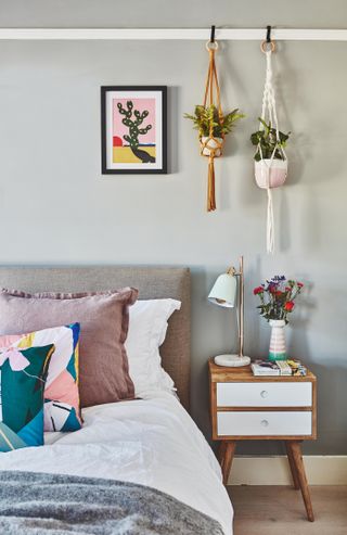 Grey bedroom with hanging house plants