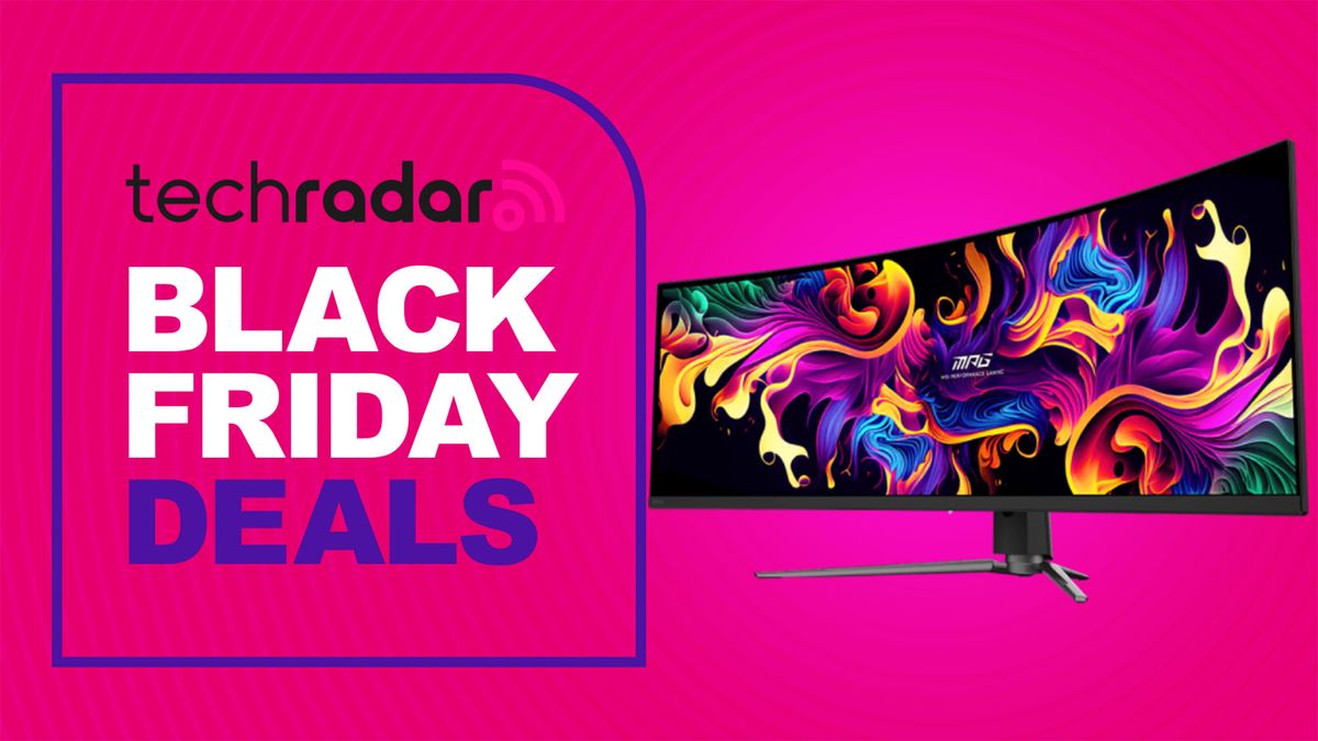 An MSI MPG 491CQP QD-OLED monitor against a TechRadar Black Friday deals background