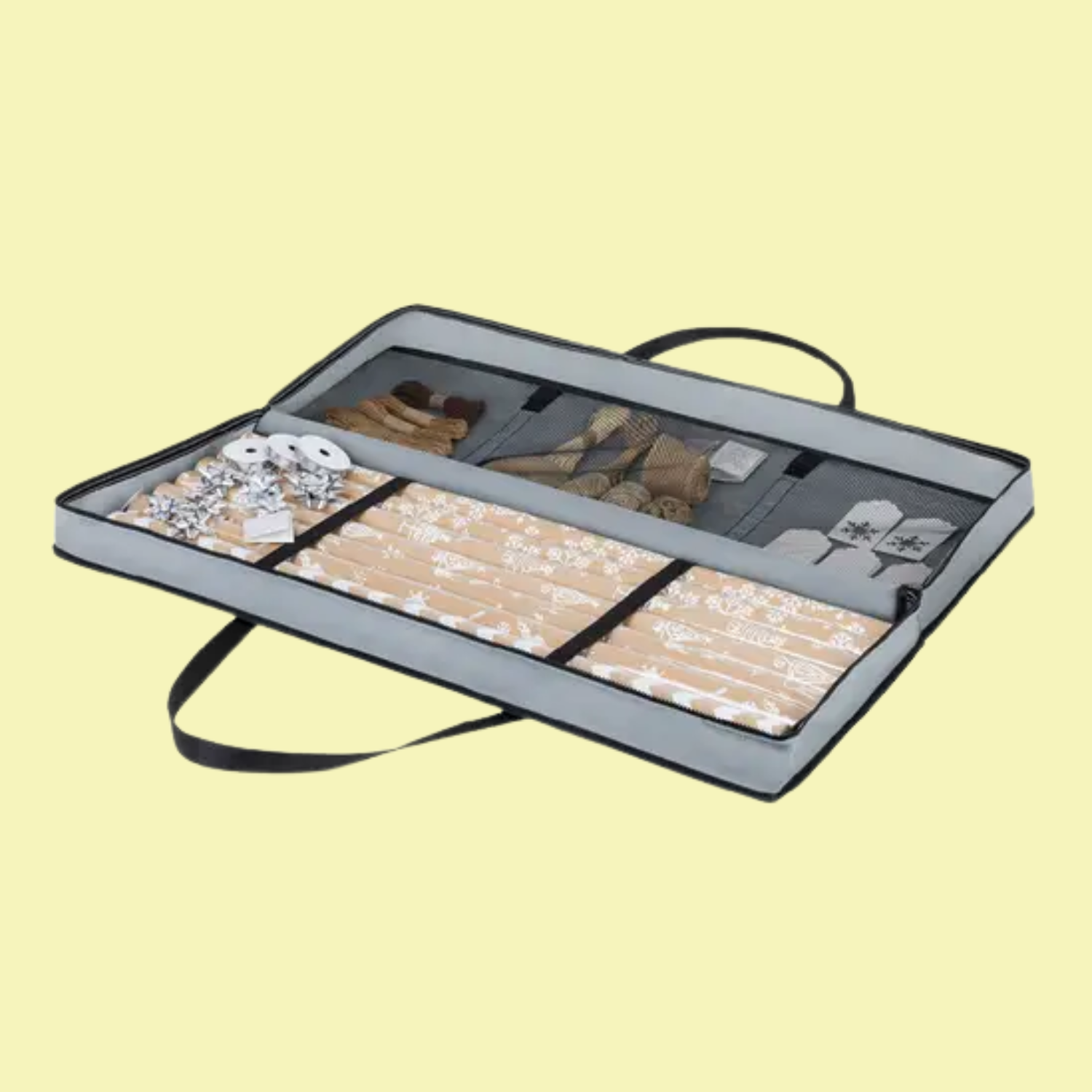 A gray gift wrap organizer