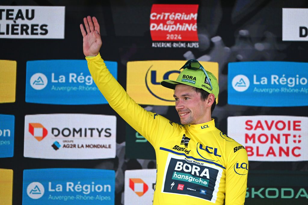 Primož Roglič (Bora-hansgrohe) celebrates as the overall winner of the 2024 Crit&eacute;rium du Dauphin&eacute;