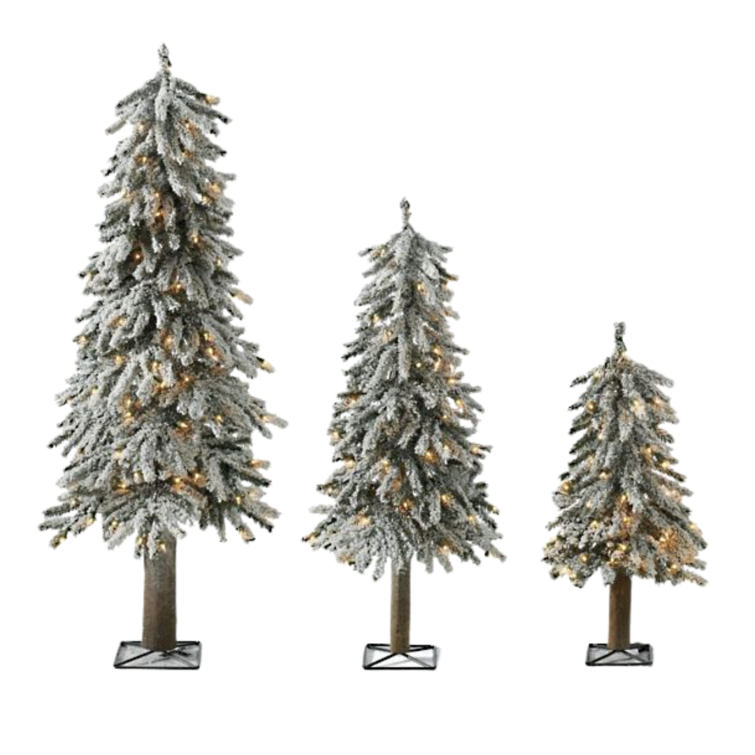 Pre-Lit Flocked Alpine Trees, Set of Three
