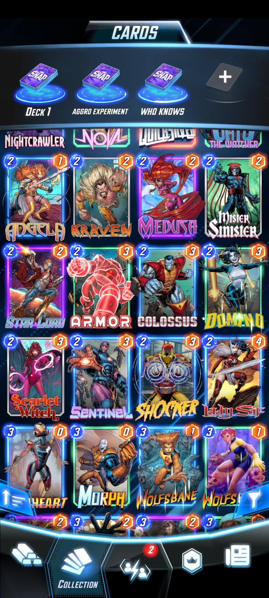 Screenshots from Marvel Snap, a card game by Second Dinner.