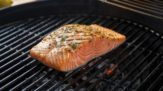 a piece of salmon with herb marinade grilling on a bbq can you grill salmon