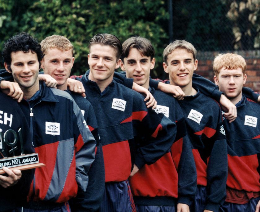 Ryan Giggs, Nicky Butt, David Beckham, Gary Neville, Phil Neville and Paul Scholes aka Manchester United's 'Class of '92'