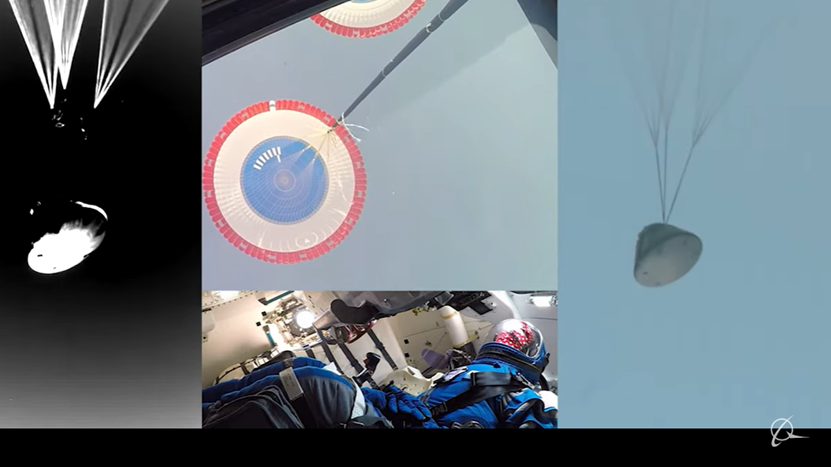 four views of starliner spacecraft coming in for a landing