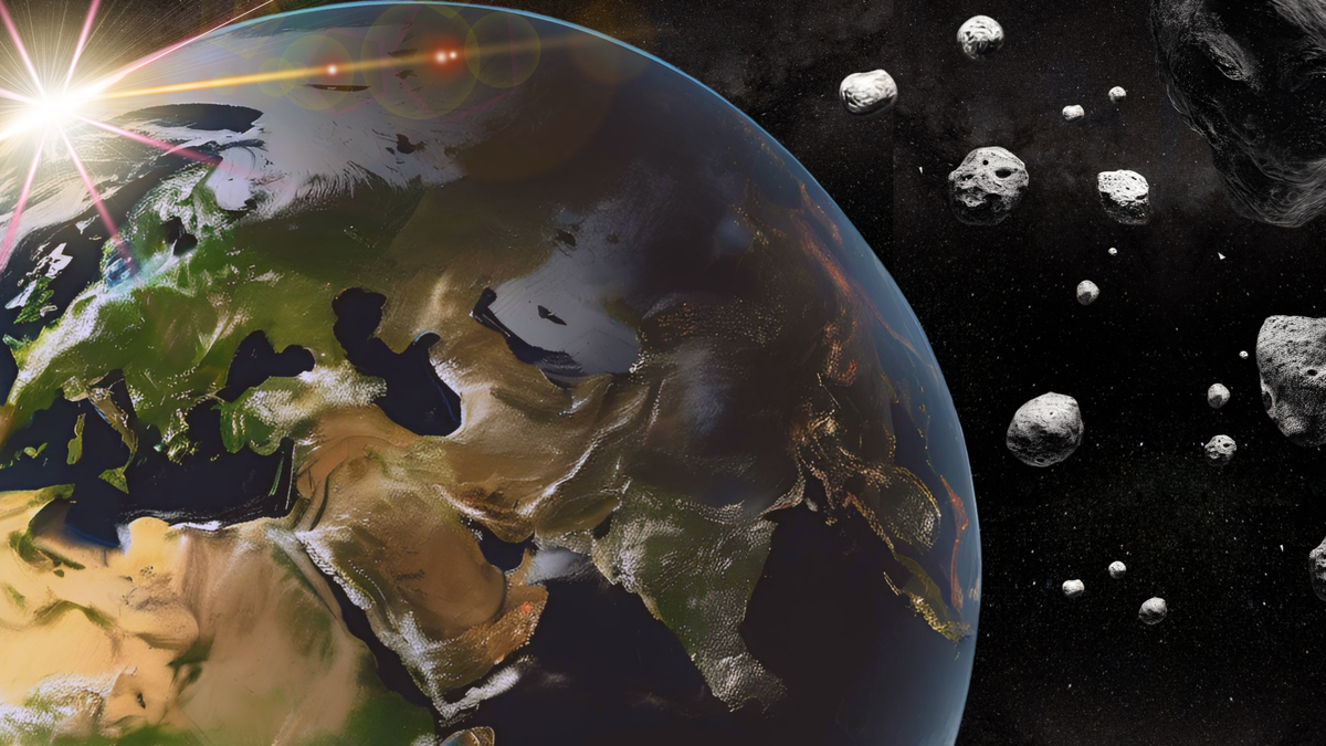 An illustration shows a field of tiny space rocks with Earth in the background