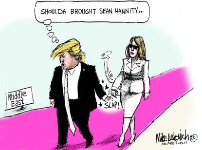 Political cartoon U.S. Trump abroad Melania hand swat