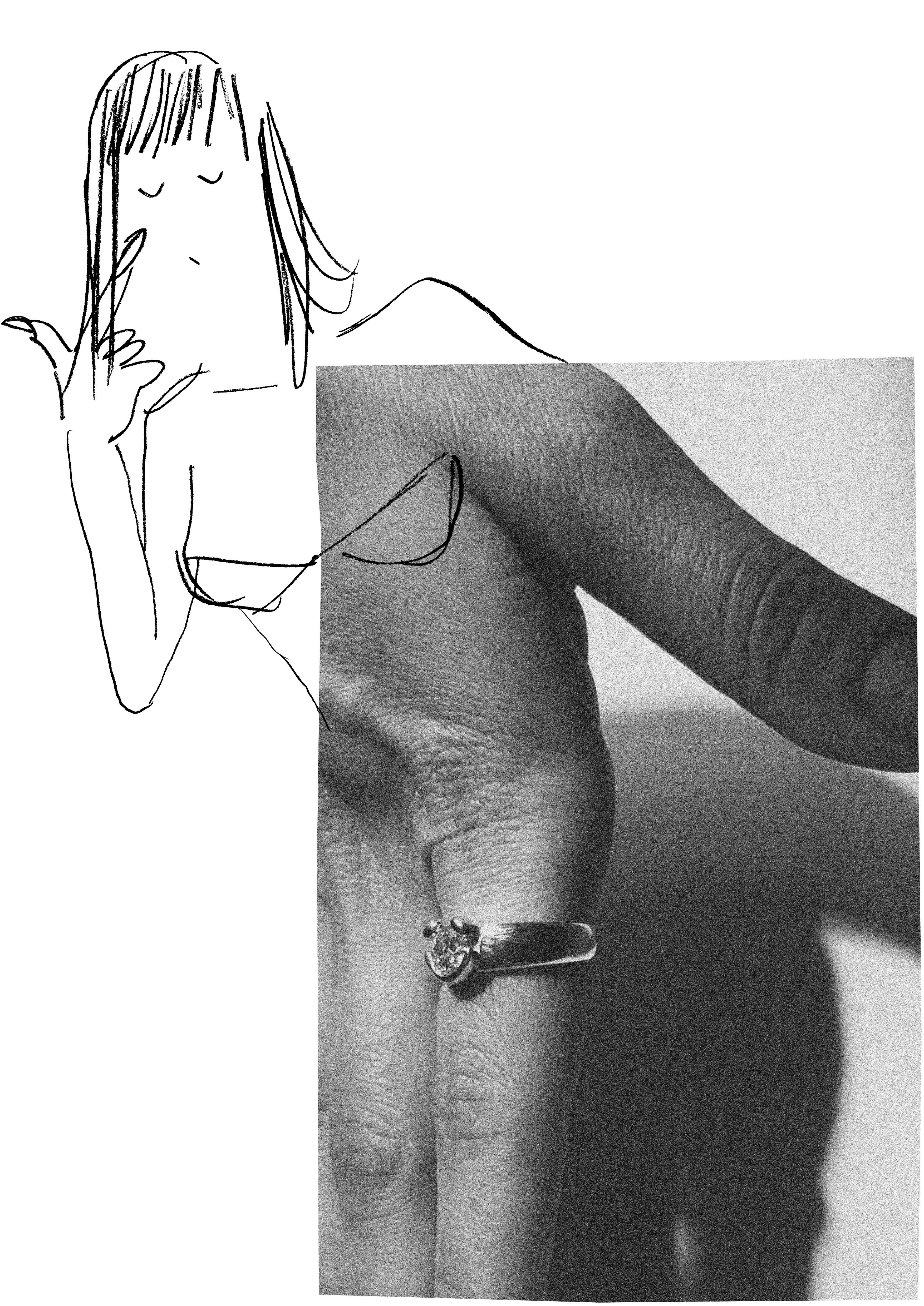 diamond rings in black and white, against the backdrop of pencil drawings of people