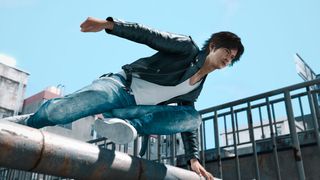 A screenshot of Judgment showing Yagami vaulting an obstacle
