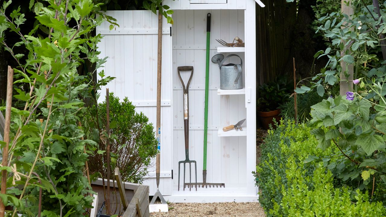 white narrow shed with tools