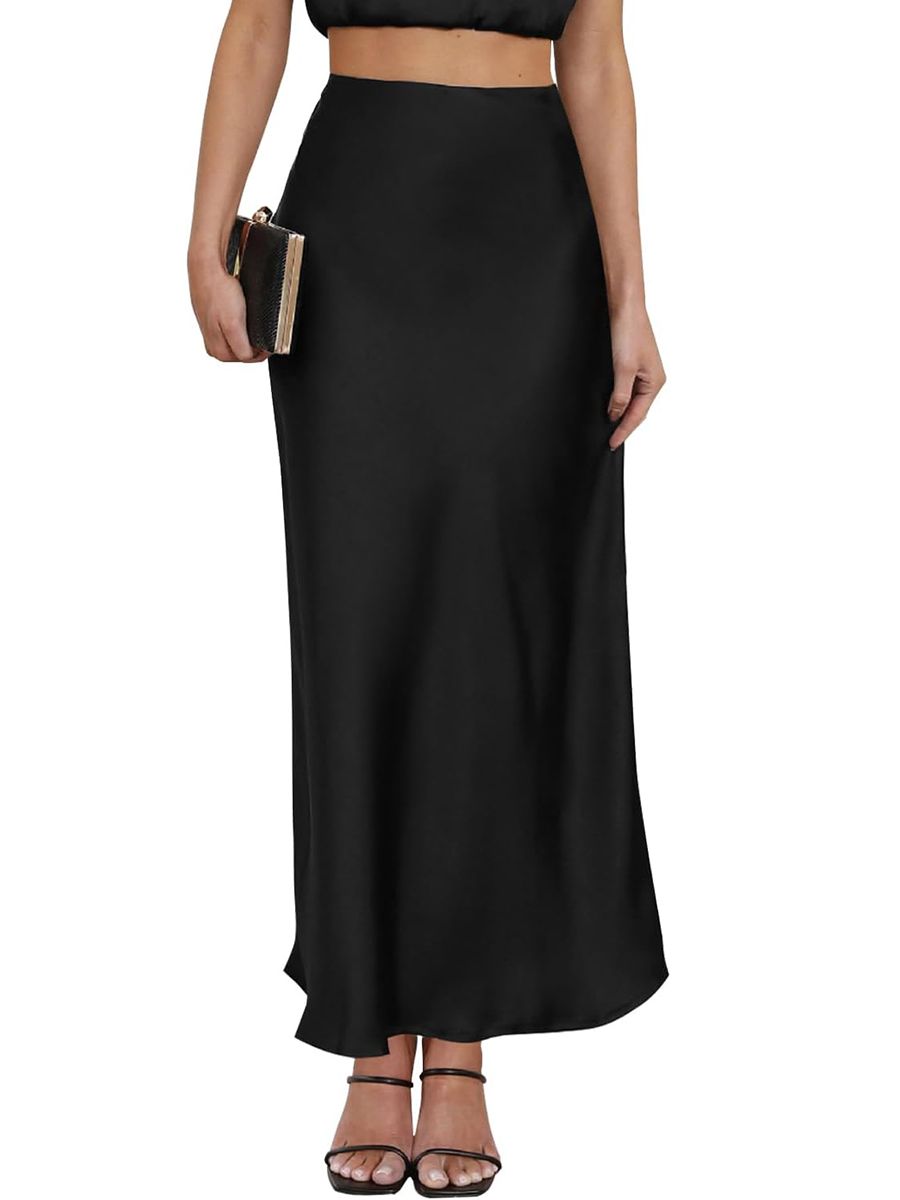 TEDDIFY, Women's Leopard Print Satin Maxi Skirt High Waisted Elastic Waistband Silk A-Line Casual Party 2025 Summer Long Skirts, Medium, Black