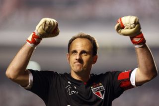 Rogerio Ceni celebrates after saving a penalty for Sao Paulo against Universitario de Deportes in the Copa Libertadores in May 2010.