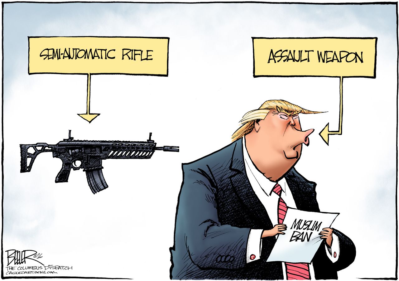 Political cartoon U.S. 2016 election Donald Trump guns