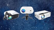 Three of the best projectors for outdoor screenings on a blue, starry background
