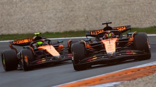 Oscar Piastri leads McLaren teammate Lando Norris around a corner during the 2025 Netherlands Grand Prix.
