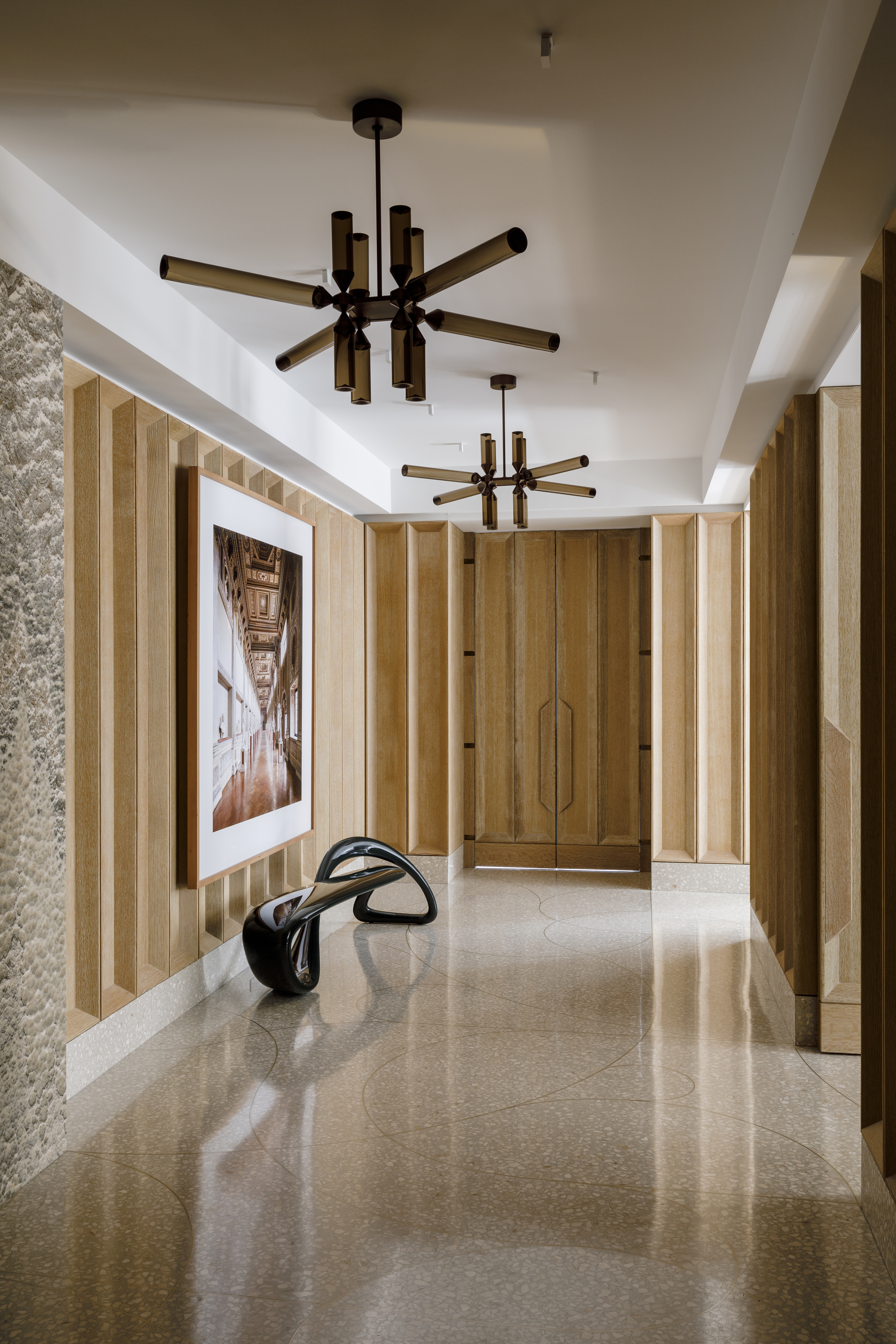 A passageway with matching lights