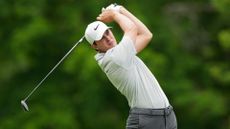 Davis Thompson of the United States plays his shot from the 18th tee during the third round of the Memorial Tournament presented by Workday at Muirfield Village Golf Club on June 08, 2024 in Dublin, Ohio.