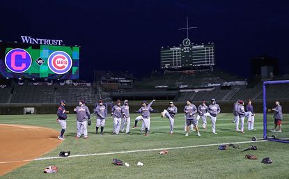 Players prepare for the next World Series game.