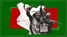 Photo illustration of protestors, riot police and a map of Kenya