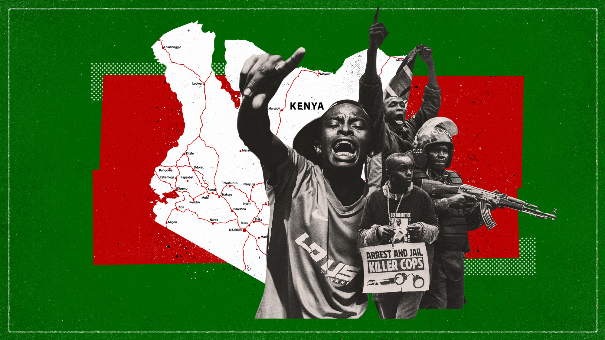 Photo illustration of protestors, riot police and a map of Kenya