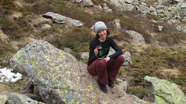 Mary McConneloug enjoys a guayaki yerba matte in the mountains